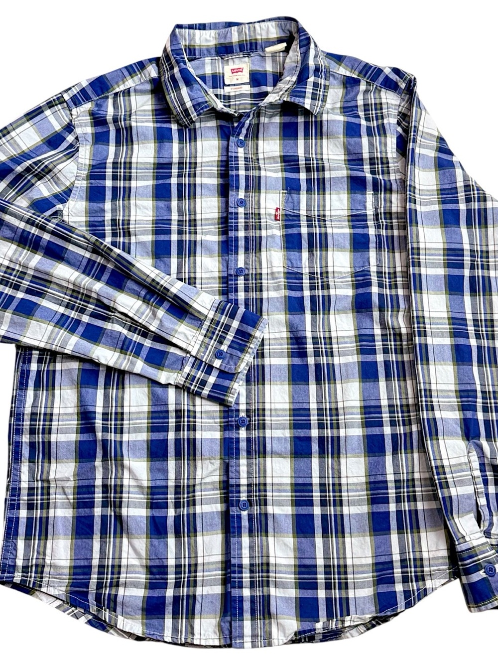 Levis Standard Plaid Button Up Shirt Mens Medium Blue White Long Sleeve‎ Cotton